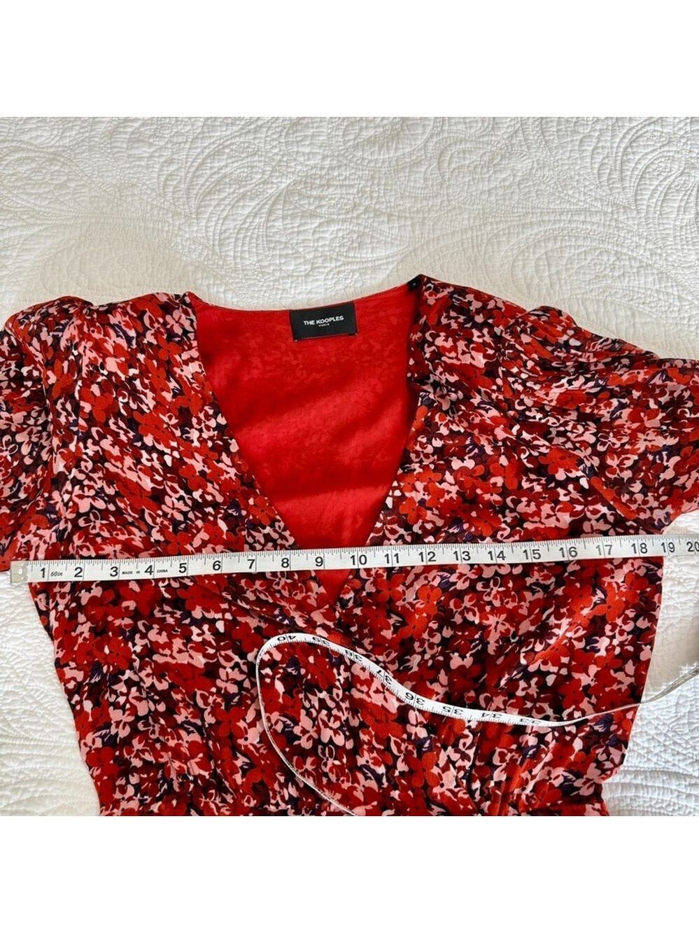 The Kooples Red Floral Long Sheer Sleeve Mini Wrap Dress Womens Size 0 Paris - Picture 13 of 15